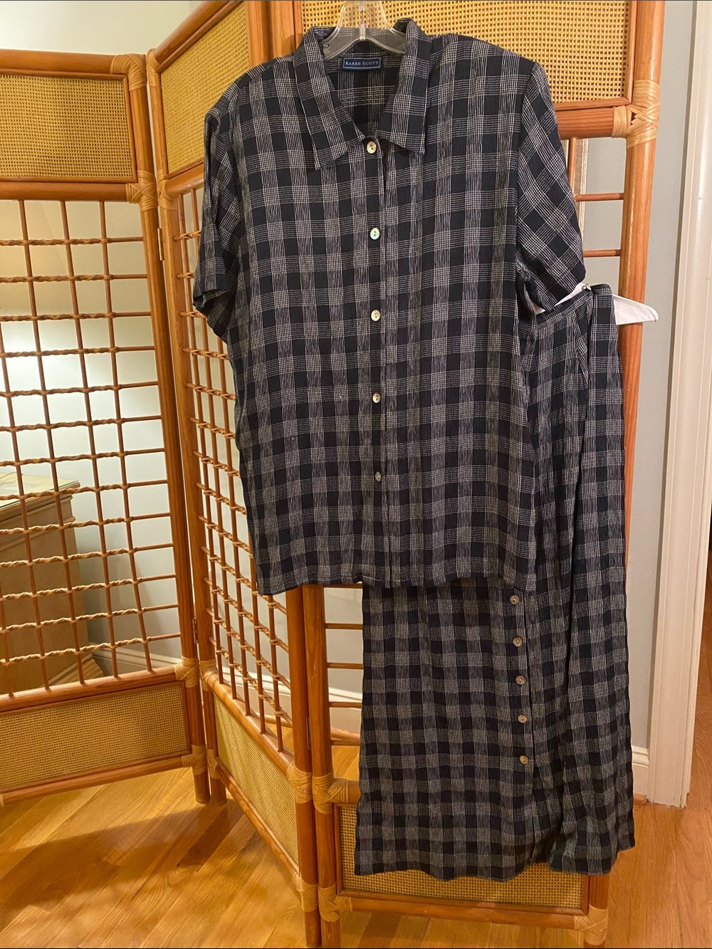 Karen Scott Black and Gray Plaid Button-Down Top with Skirt